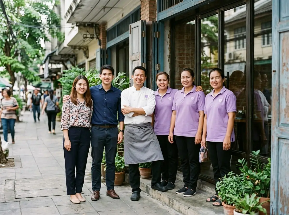 CareRova matching team with nannies, a chef and a carer in uniform outside the Bangkok office