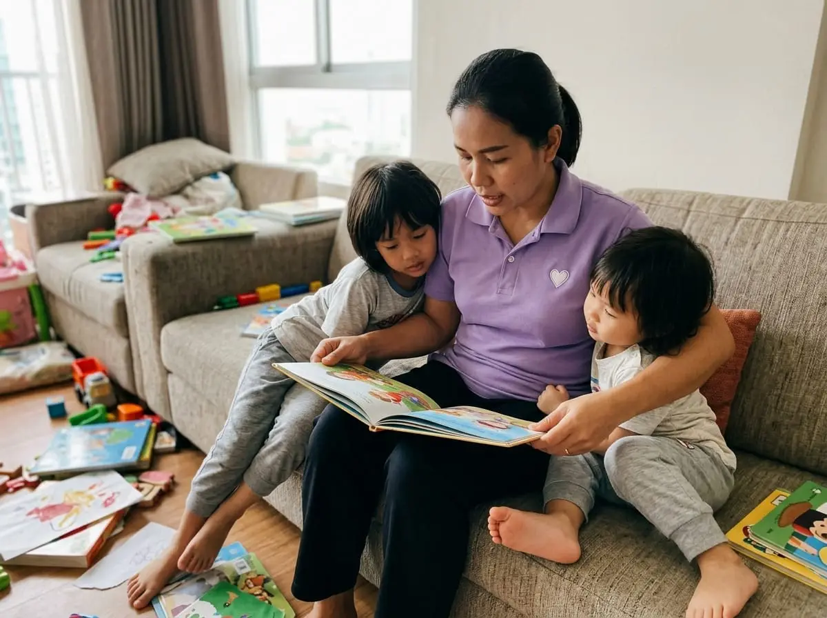 CareRova nanny reading with two children on a condo sofa in Bangkok