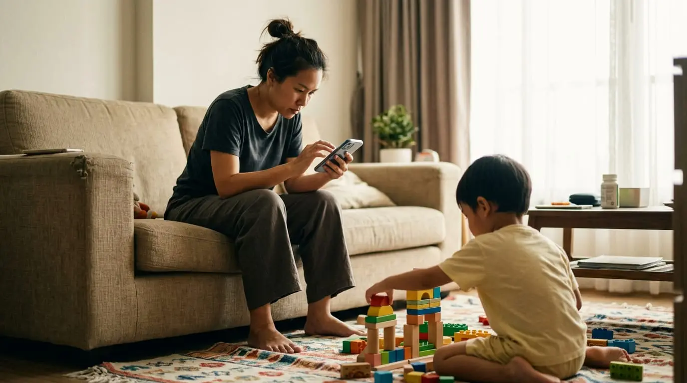Parent describing what they need to CareRova in a phone chat, child playing behind