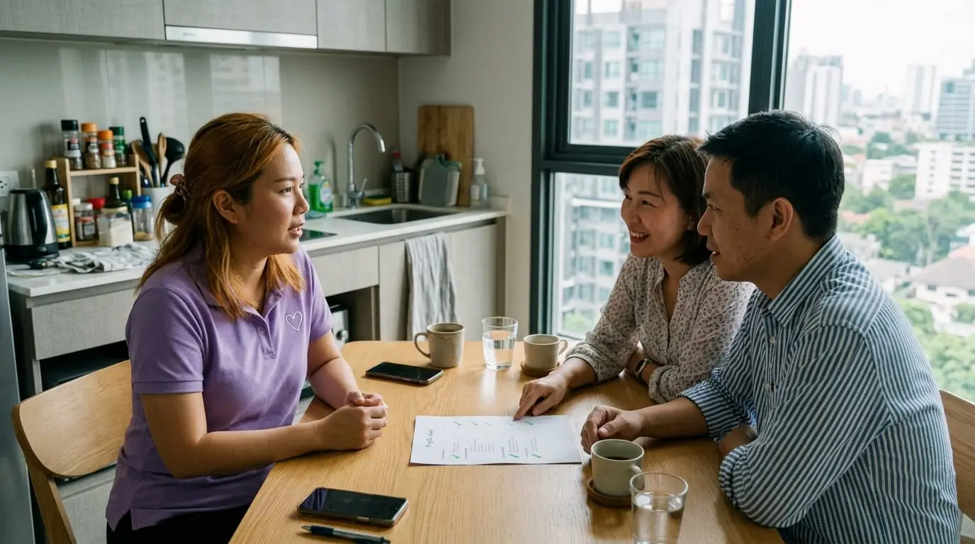 A nanny candidate meeting a family at their kitchen table during a trial day