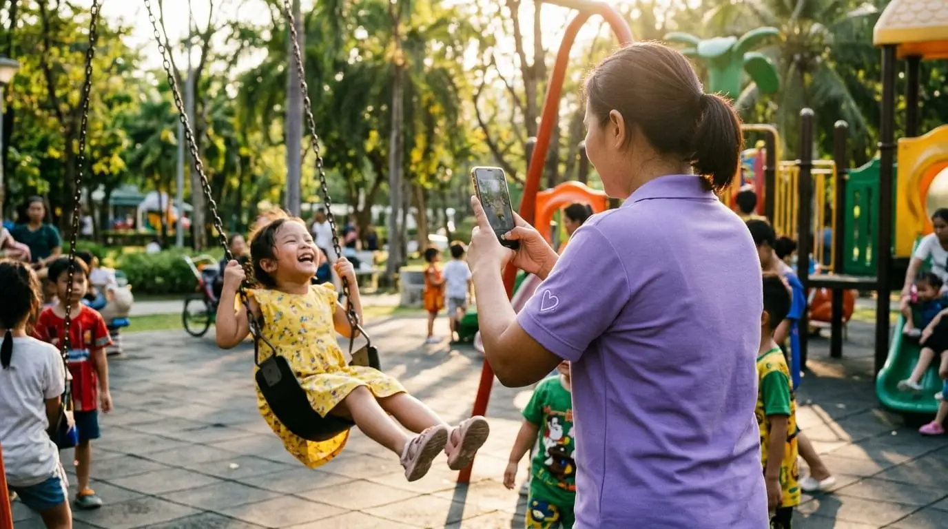 Nanny sending a photo update from the playground to the parents on LINE