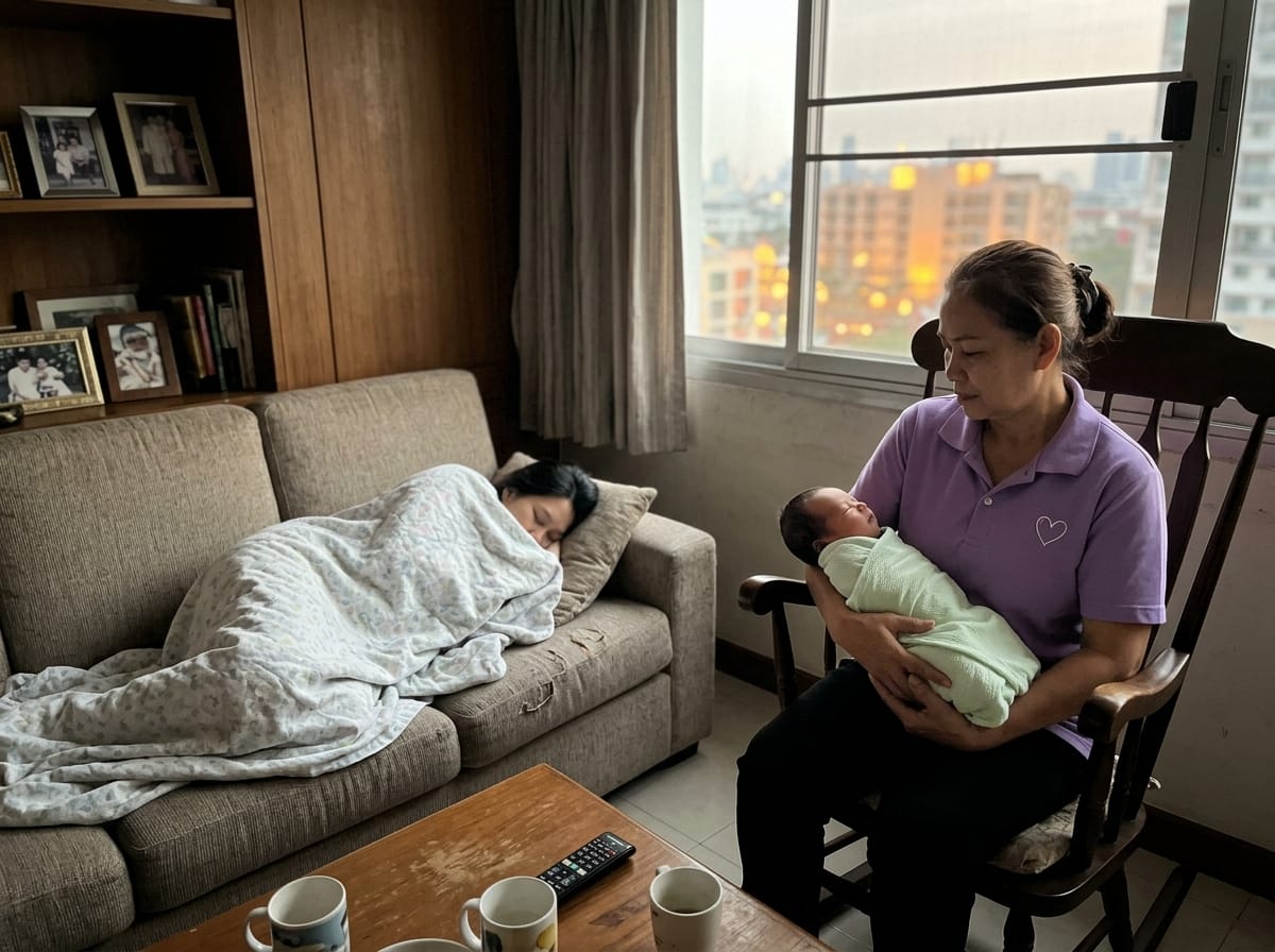 Postpartum nanny holding a sleeping newborn in a quiet Bangkok bedroom with soft daylight