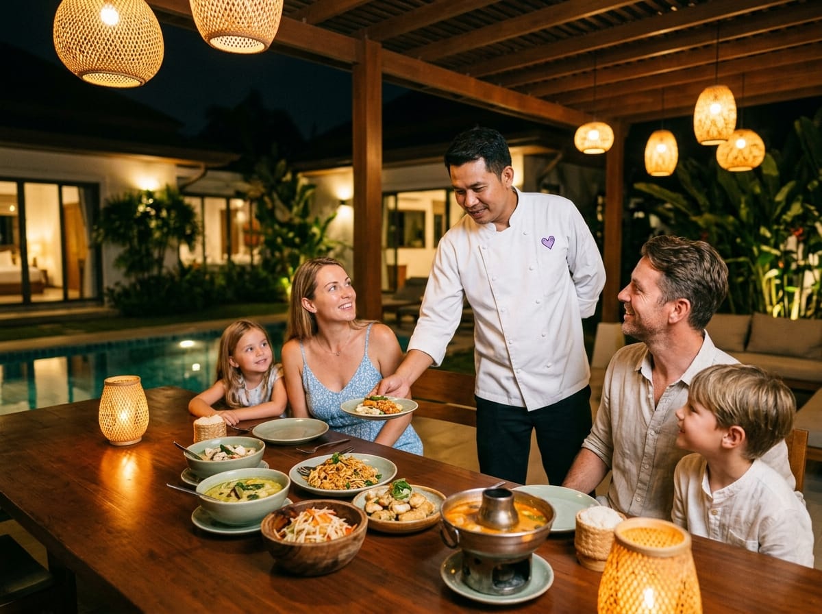 Chef in a white jacket serving Thai dishes to a family at an outdoor villa table beside a pool
