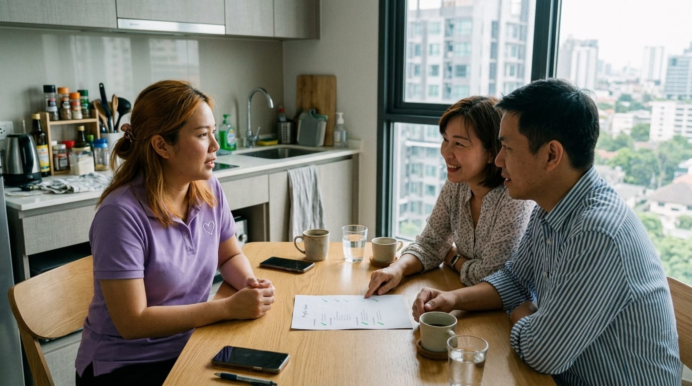 A nanny and a mother sitting at a kitchen table reviewing a child safety checklist together
