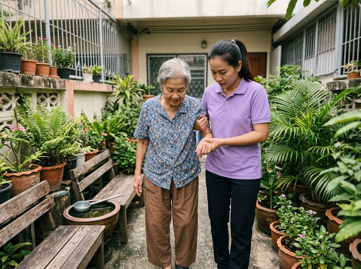 An older woman sitting with her carer at home, looking at a photo album together